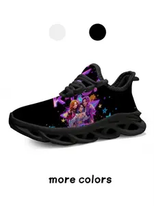 1 Pair Kids Soft & Elastic Thick Sole Sports Shoes Children's Day Gift Non-Slip Shock Absorption Campus Versatile Cool Black Purple Pink Shiny Girl Group Star Print Casual Shoes