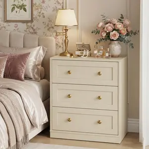【Summervibes】RoyalCraft L 3 Drawer Dresser, Nightstand with Golden Round Knobs, Large Bedside Table, Modern Wood End Table, Accent Side Table Chest of Drawers for Bedroom, Living Room, Hallway, Closet, White