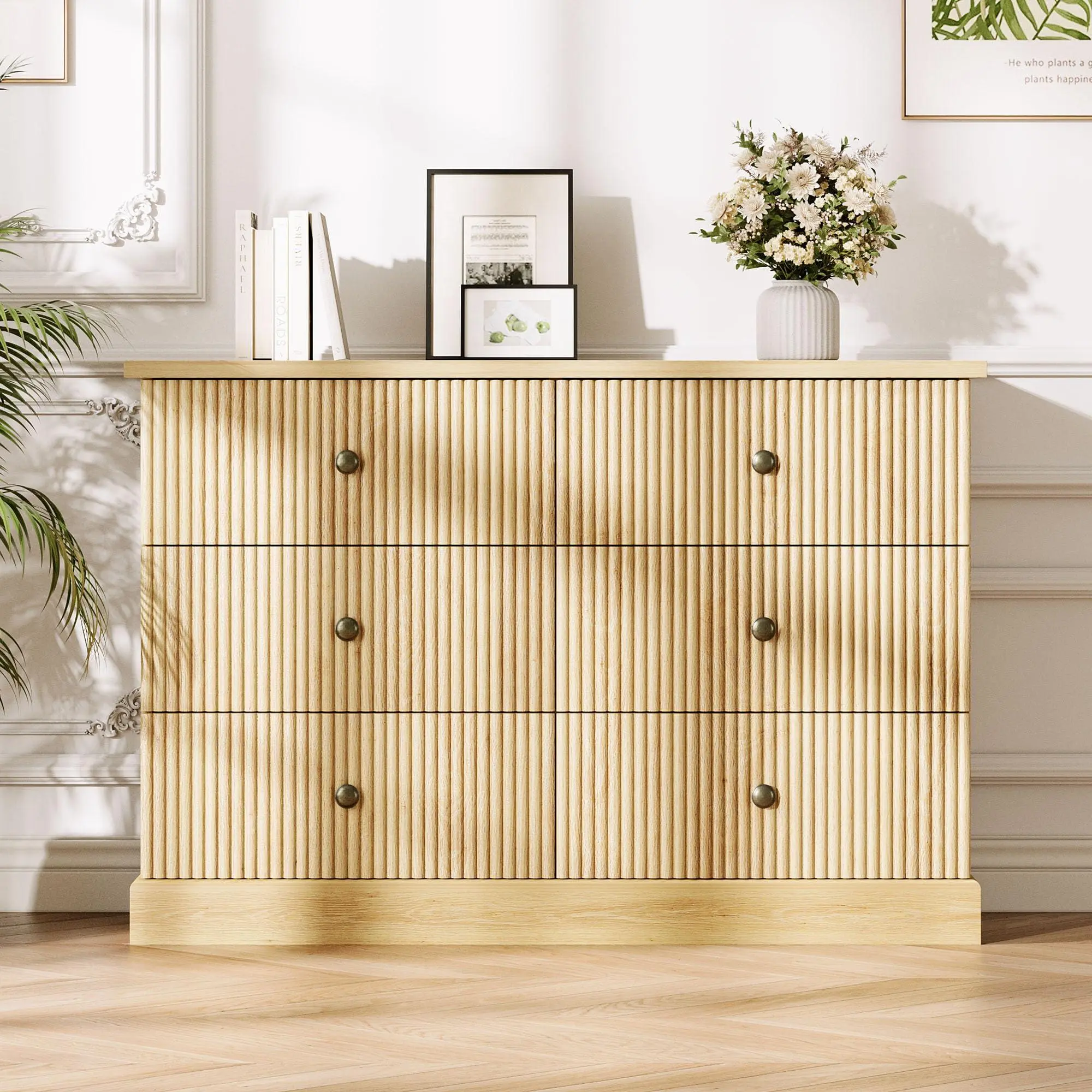 6 Drawer Dresser for Bedroom, Fluted Horizontal Chest of Drawers, 47" Wide Wood Dresser with Metal Handles, Modern Storage Dresser for Bedroom Guest Room Apartment, Natural