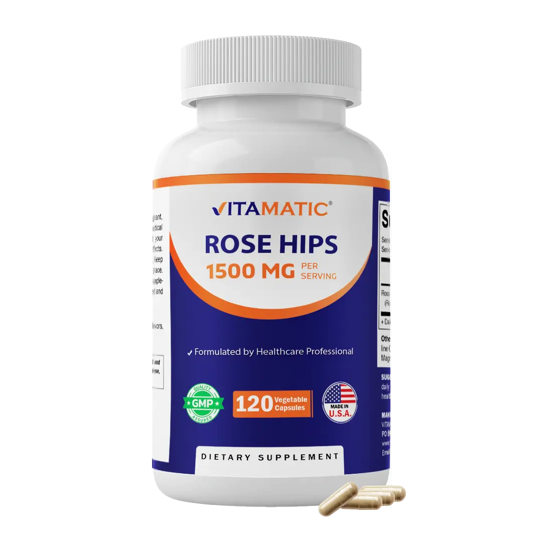Vitamatic Rosa Canina Rose Hips Healthcare Dietary Supplement, 1500 mg per Serving, 120 Capsules - Non-GMO, Gluten-Free - Natural Vitamin C & Antioxidants - Immune Support - Made in USA