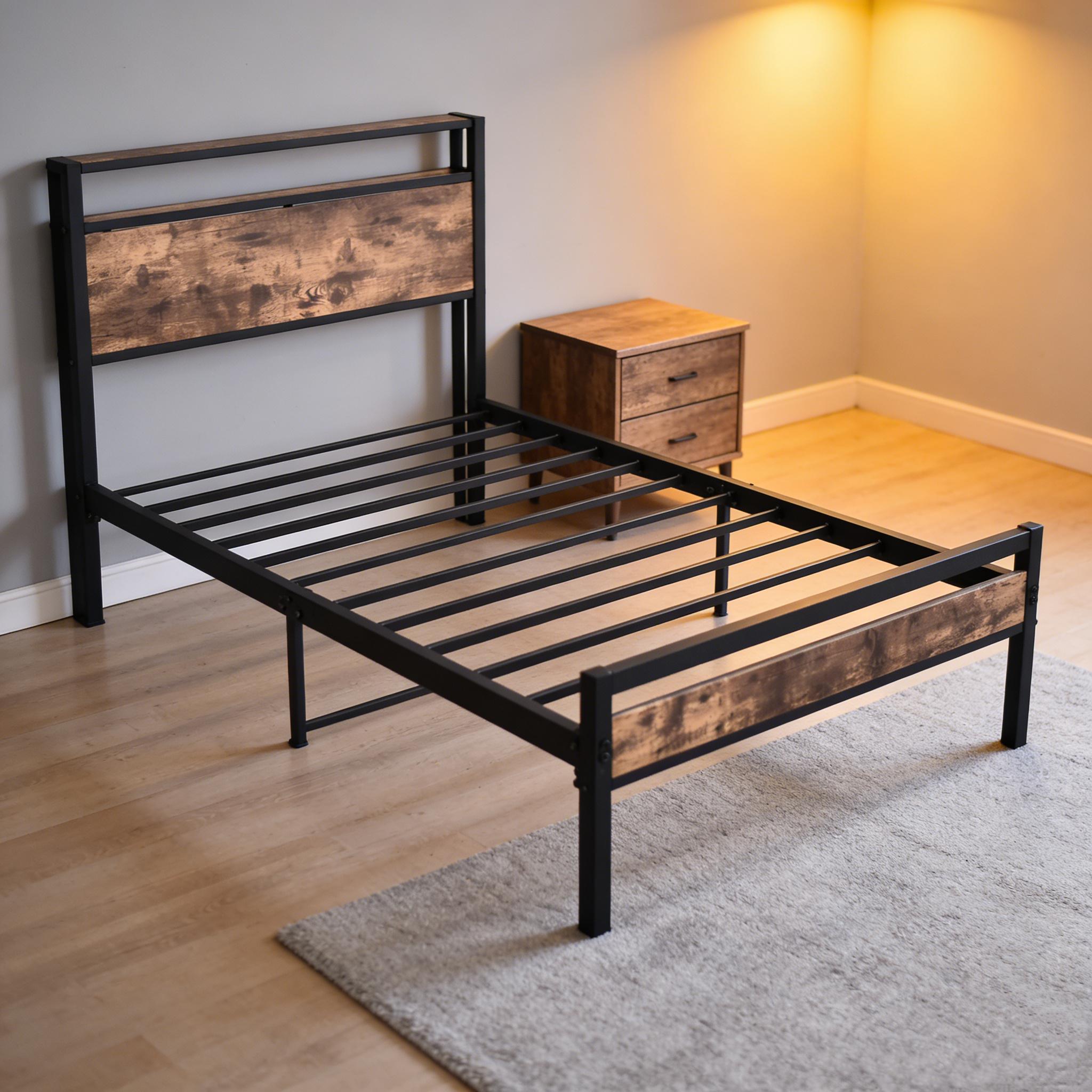 Different Size Metal Platform Bed Frame with Wooden Headboard and Footboard. Features robust metal slat support, no box spring required, delivering exceptional stability and a streamlined, modern aesthetic for your bedroom.