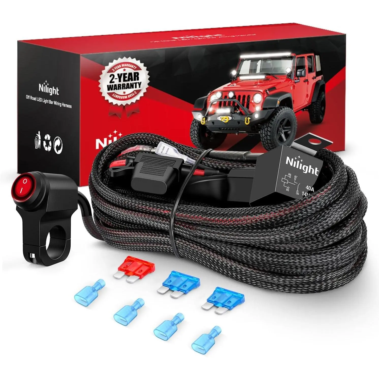 Nilight 16AWG Nylon Jacket Wiring Harness Kit with 2-Lead Rocker Switch, 12V Power Relay, Blade Fuse, IP67 Waterproof for LED/Off-Road Lights on ATVs/Bikes, UTVs
