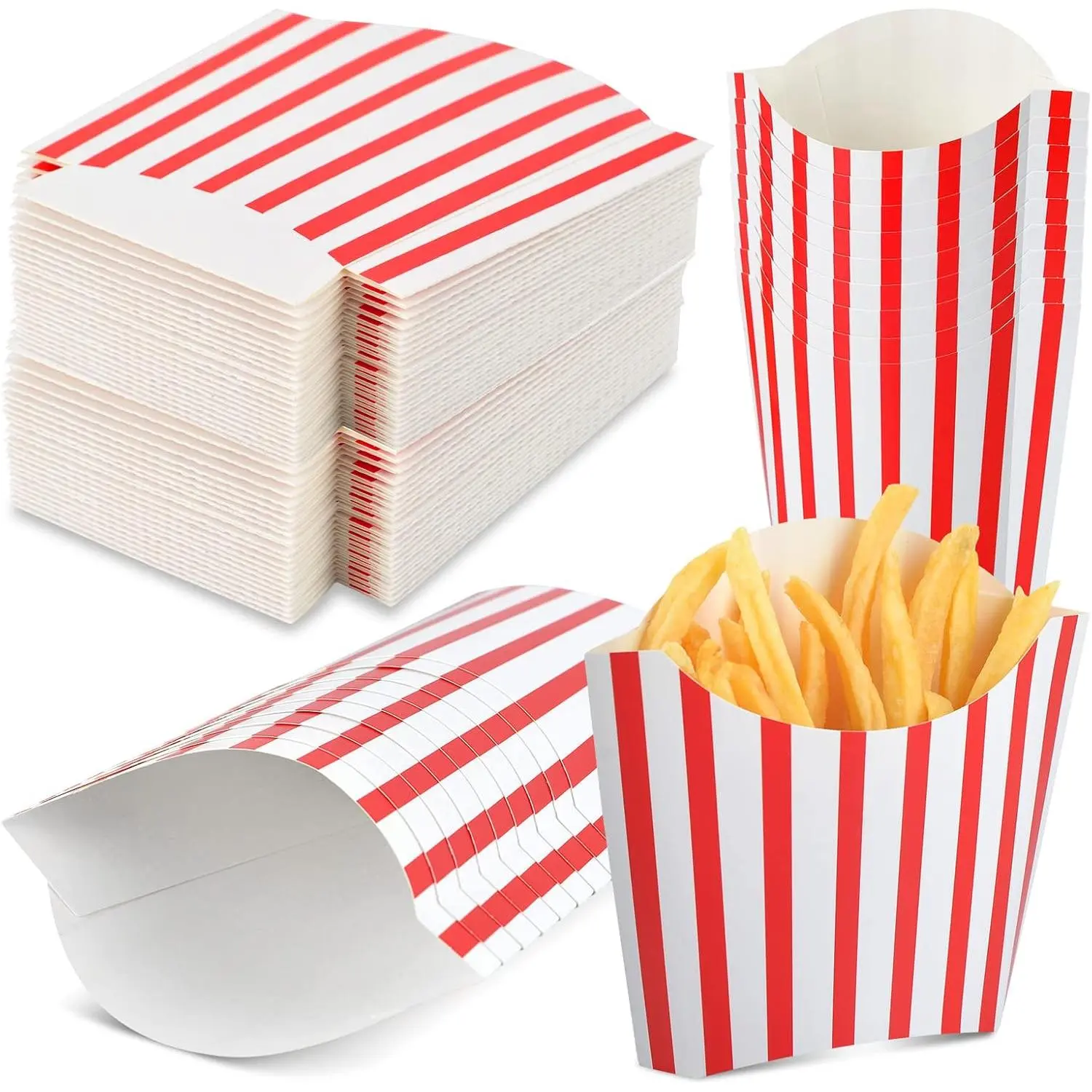 100-Pack 4oz Disposable Black White Stripes Paper French Fry Containers, Popcorn Cups & Takeout Holders for Black White Party (Red)