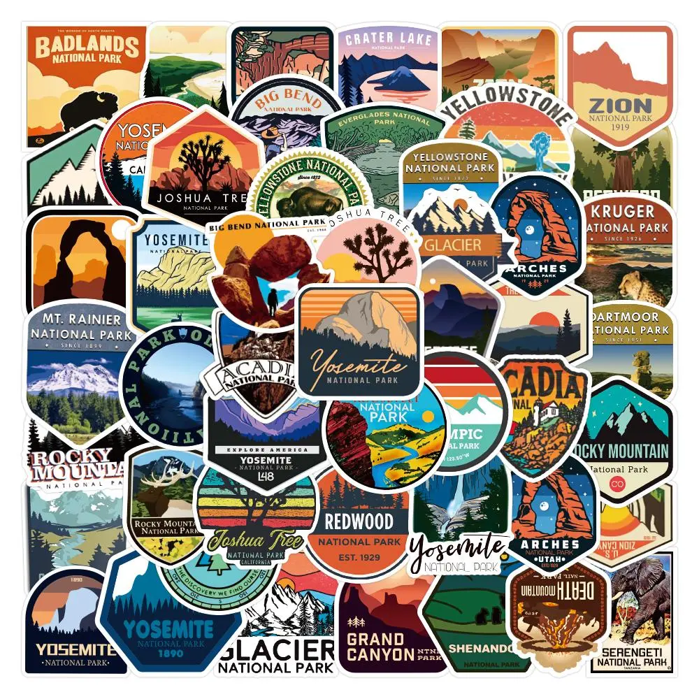National Park Sticker, 50pcs/set Waterproof Vinyl Outdoor Adventure Decal, Decorative Sticker for Water Bottle, Luggage, Laptop, Car, Skateboard & Bumper, Ornaments