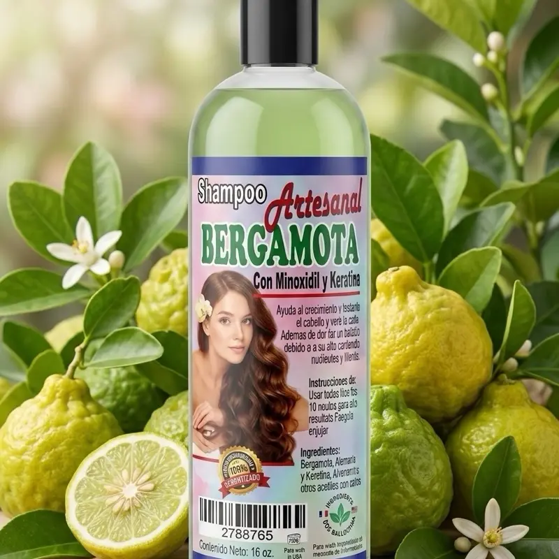 Artesanal Mexican Bergamota Shampoo with Minoxidil & Keratin (16 oz) – Haircare Thickening Shampoo, Cleanser, Conditioner, Hydrating Formula for Hair Growth & Volume Enhancement