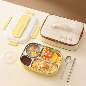 4-grid Lunch Box with Cutlery & Soup Bowl & Insulated Bag, Tableware, 1 Set Portable Stainless Steel Bento Box, Lunch Container for Adults & Students, Durable Bento Box