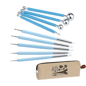 9 Pcs Sculpting Tools Set,Including 4 Double-Ended Metal Ceramic Clay Ball Stylus Dotting Tools and 5 Pcs 2 Way Silicone Polymer and Embossing Paper Flower Indentation Tool,DIY Hand Tools Kits