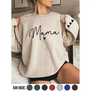 Women’s cartoon “Mama” letter and heart print pullover sweatshirt, casual long-sleeve crewneck pullover for fall and winter, women’s clothing for everyday wear GARMENTARY