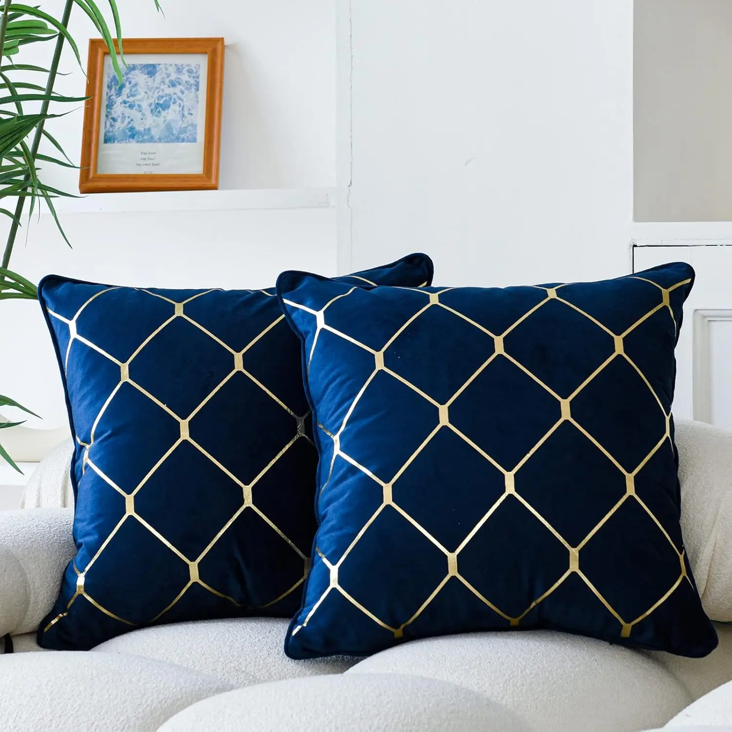 2-Pack Elegant Geometric Design Soft Velvet Gold Throw Pillow Covers, 20x20 Inches Navy Blue Cushion Covers for Camping Couch Sofa Home Decoration, Modern Chic, Zippered Close, Home Décor, Stylish Geometric Gold Design