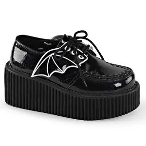 Women's Demonia Creeper-205: Black Glitter Vinyl Wedge Ankle Boots with Interwoven Piping Detail