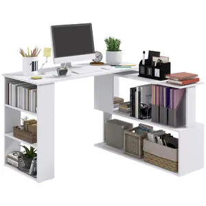 360° Rotating L-Shaped Corner Desk – White. Desk & Shelf Rotate (L-Shape, Straight or Overlapped). Large Surface + 2-Tier S-Shelf + 3-Shelf Bookcase. Easy Assembly