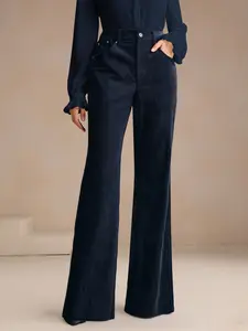 Women's Corduroy Rivet Pocket Flare Pants, Elegant Business Casual Style, Versatile Commuter Essential, Fashion Office Wear