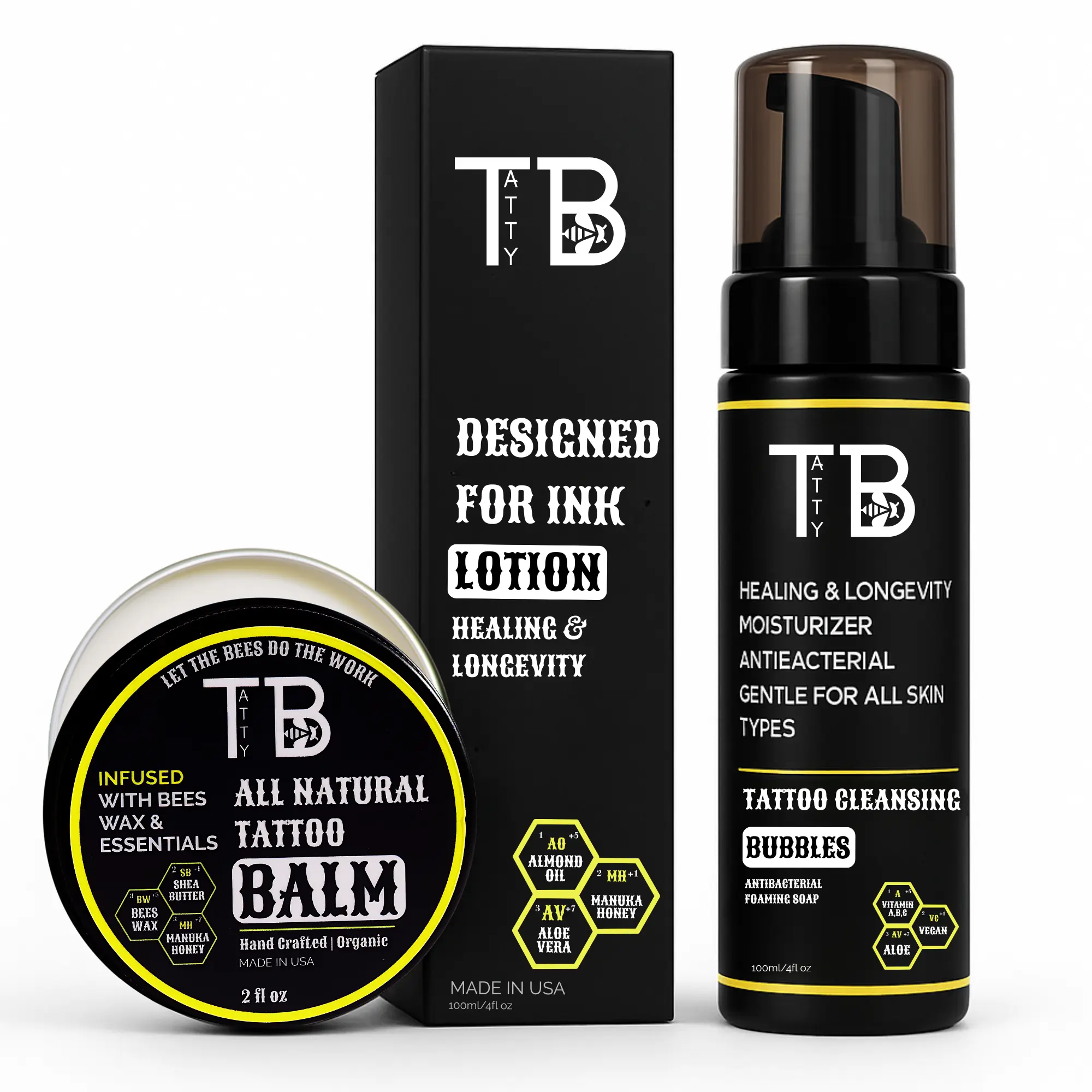 TB Tattoo Aftercare Starter Pack 3pk - Tattoo Balm & Cleanser + Lotion Infused with Bees Wax & Aloe Vera for Healing & Longevity