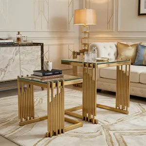 2 Pieces Luxury Nesting Table for Living Room Modern Rectangle Table set 2 with Clear Tempered Glass Top and Gold Stainless Steel Frame Easy to Assemble and Clean with C-shape Suit for Couch Sofa