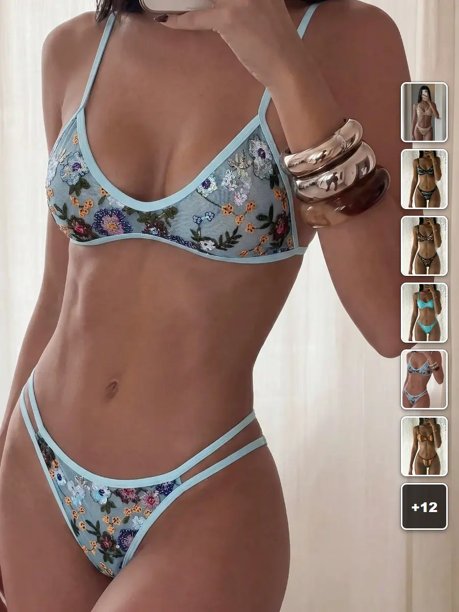 Bikini Set Sequin Embroidered Halter Tie-Side Sexy Beach Vacation Outfit