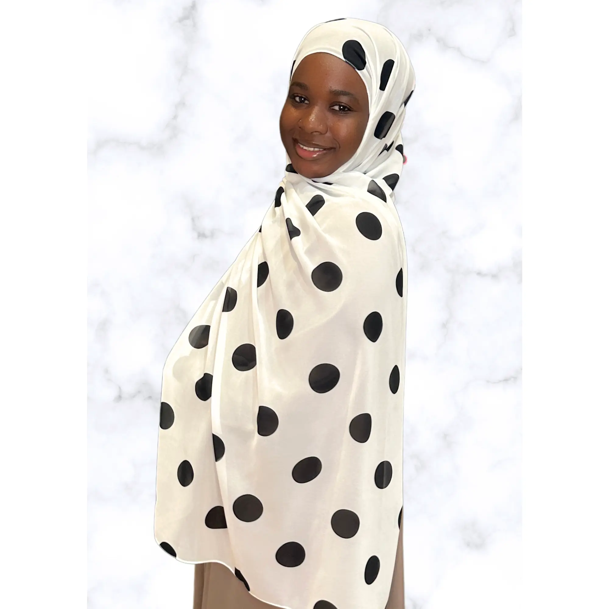 White Spotlight Chiffon Printed Hijab - Black Polka Dot Design, Soft and Lightweight Fabric, Perfect for Various Occasions