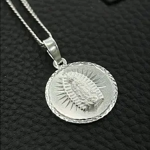 Round Virgen de Guadalupe Necklace Sterling Silver - Virgin Mary Charm 24x20mm - Our Lady of Guadalupe Pendant - Elegant Fashion Religious Gifts for Womens Girls - Curb Link Chain 20" INCH