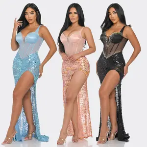 Vena Satin Bustier Sequin Sheer Mesh Maxi Dress