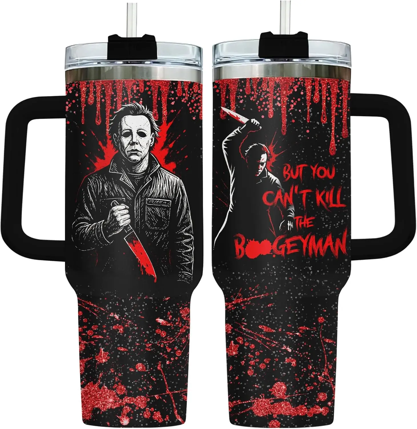 ShinyKT 40oz Stainless Steel Water Bottle with Grip Handle - Portable Boogeyman Design Print Tumbler, Halloween Slasher Cup, Fits Most Cup Holders, Keeps Drinks Hot and Cold, Kitchenware Gift for Adult Horror Fans