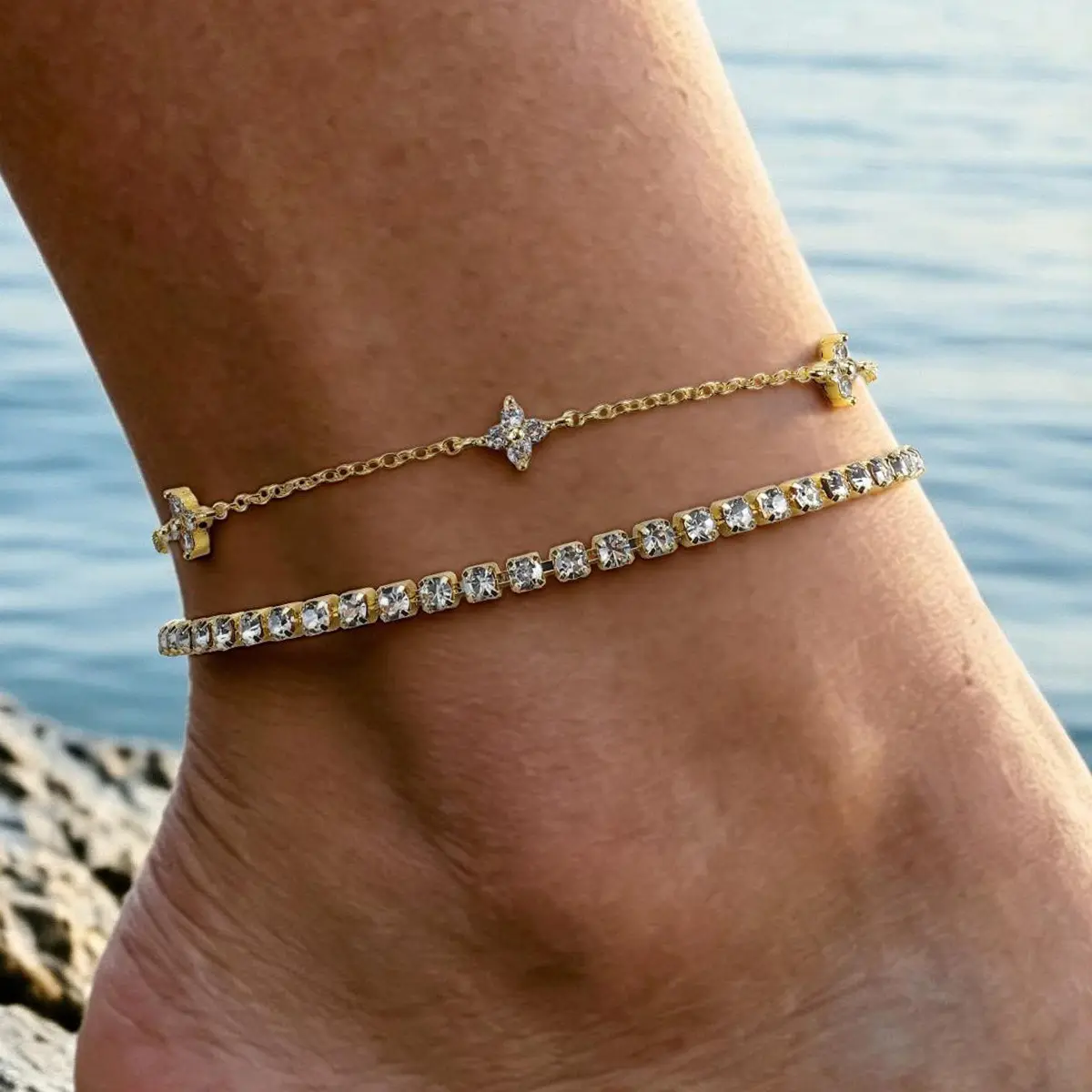 Gold Silver Anklets for Women CZ Ankle Bracelet 14K Gold Plated Waterproof Layered Stackable Tennis Dot Chain Anklet Trendy Summer Beach Foot Jewelry