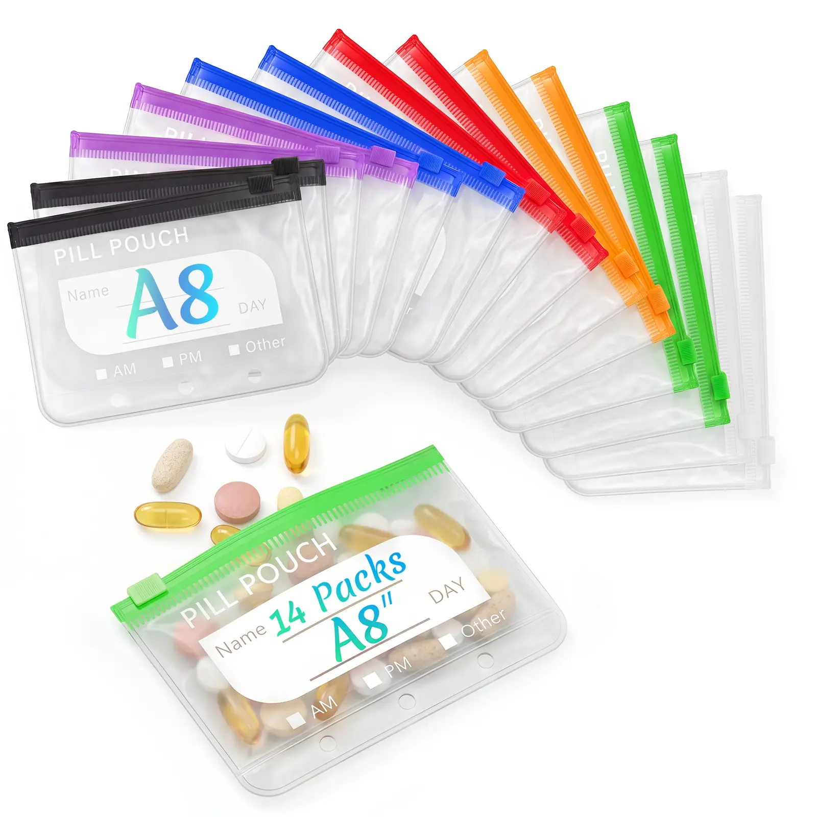 14 Pieces Pill Pouches Bags for Travel, A8 Reusable Zippered Pill Organizers, BPA Free Pill Storage with Slide Lock & Writable Label, Color-Coded Medicine Pouches for Supplements