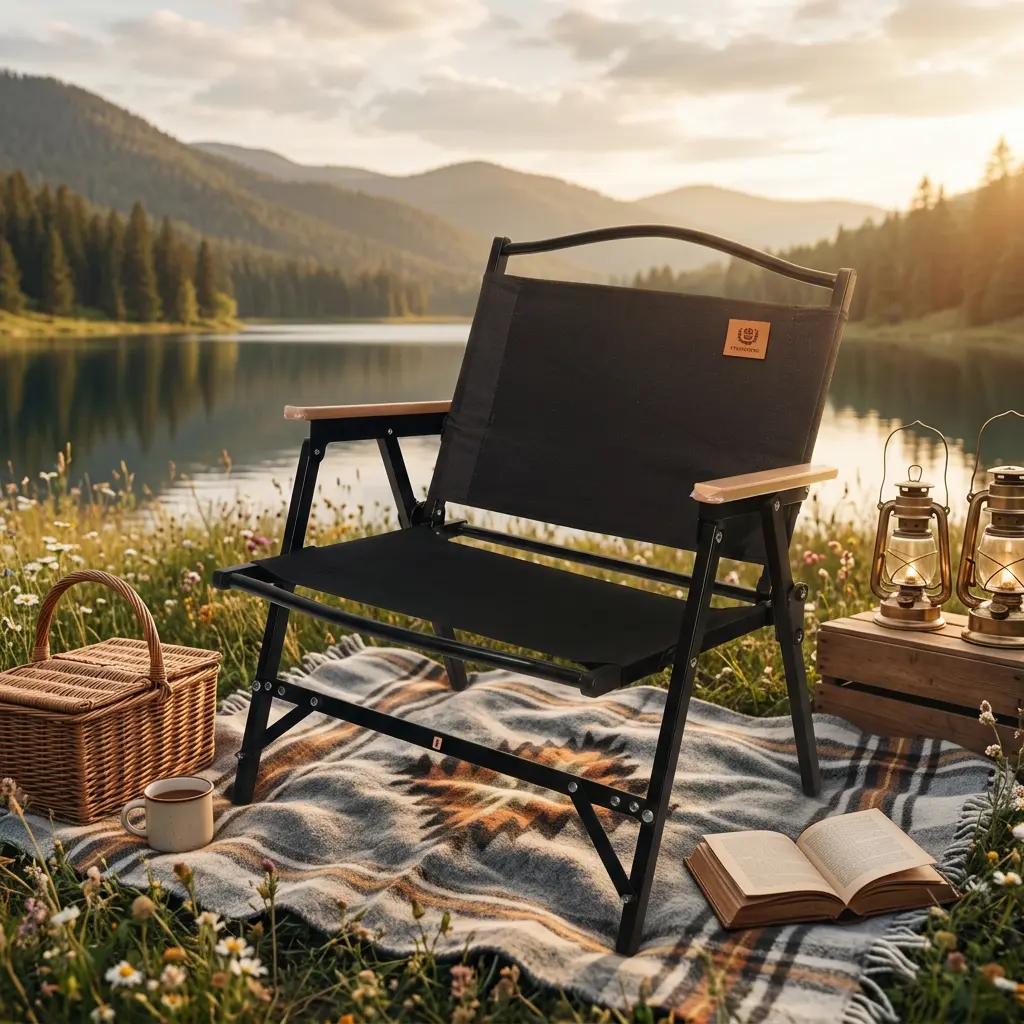 Lightweight Collapsible Camping Chair with Wooden Arms, Foldable Outdoor Chair for Hiking, Picnic, Tailgating & Trips
