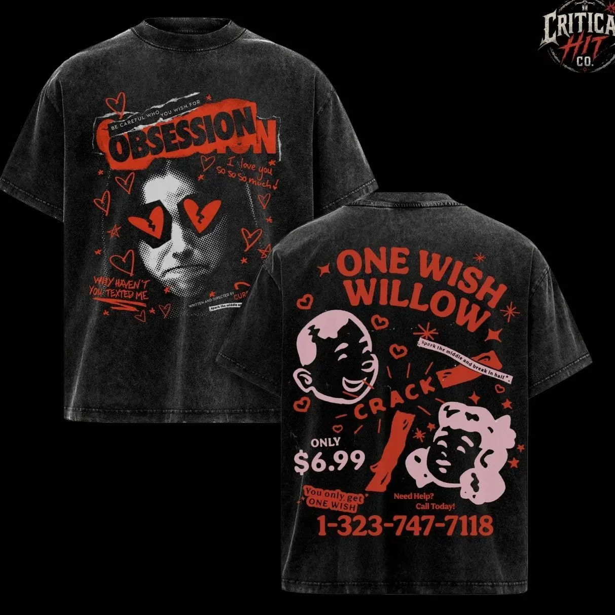 Vintage Obsession One Wish Willow Acid Wash Oversized T-Shirt, Obsession Movie Inspired Horror Graphic Tee, Premium Dark Romance Top, Retro Psychological Thriller Aesthetic Unisex Fan Merch FEP
