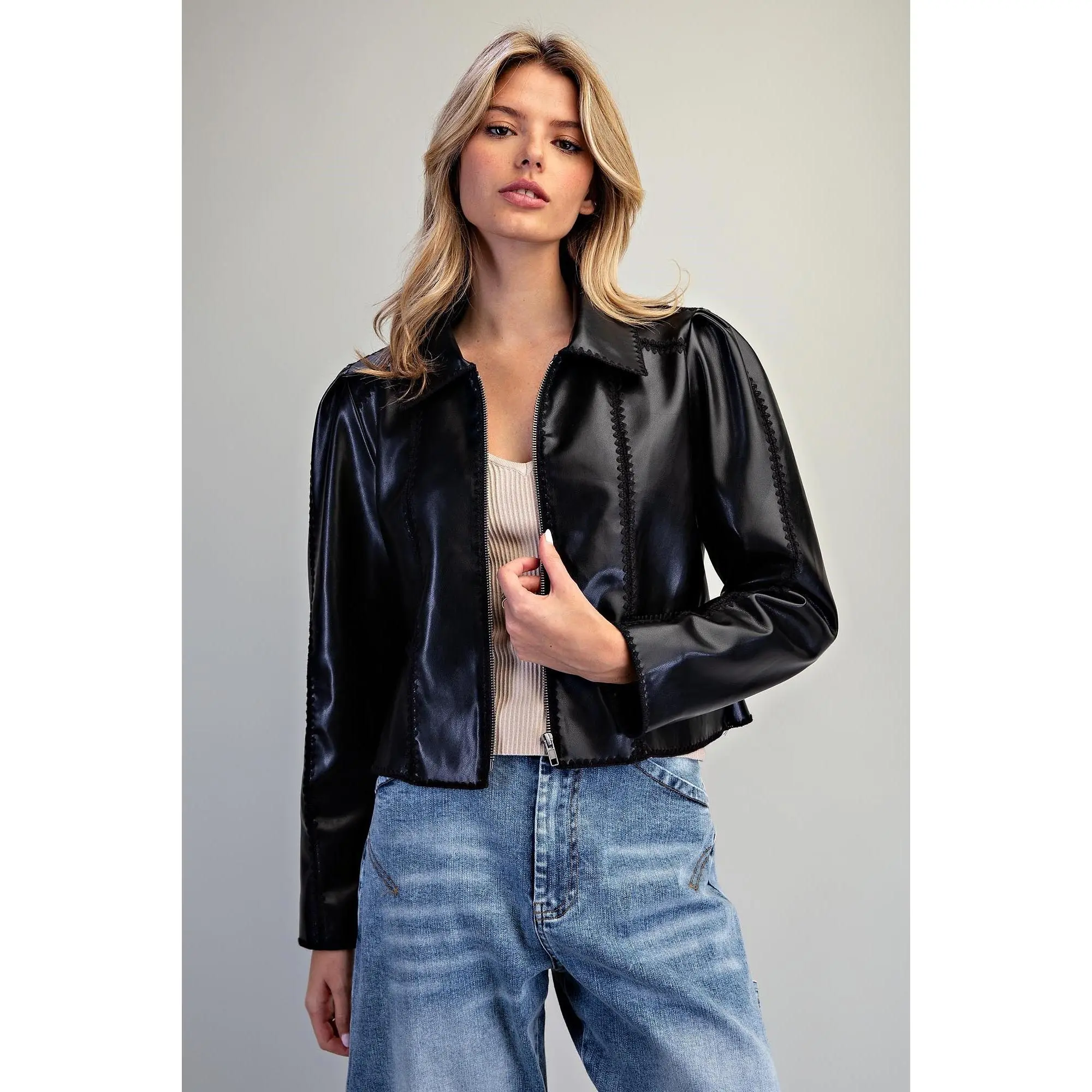 Stitch Zipper Front Faux Leather Jacket