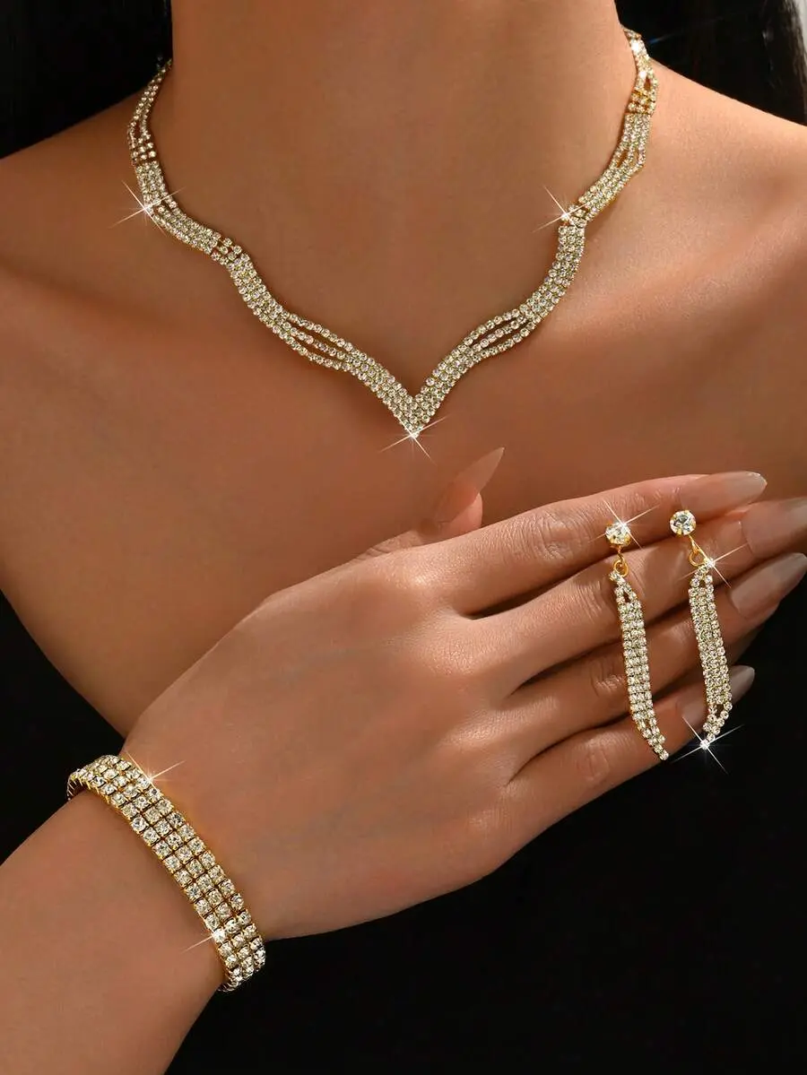 4pcs/Set Women Jewelry Set - Necklace, Earrings, Bracelet, Geometric Design, Suitable For Party, Wedding & Thanksgiving