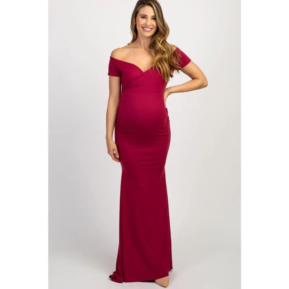 PinkBlush Burgundy Off Shoulder Wrap Maternity Photoshoot Gown/Dress