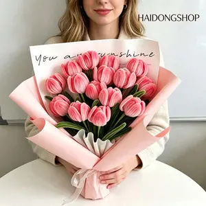 DIY handmade braided pink tulip bouquet (includes 9 tulips), complete set of twist tube handcrafted flowers, a floral gift that never fades, suitable for birthdays, graduations, and home desktop decoration.