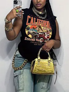 Women's Slim Fit Graphic Print Round Neckline Vest, Casual Short Sleeve Top, All Seasons Fashion, Womenswear, Statement, Perfect for Exploring New Worlds