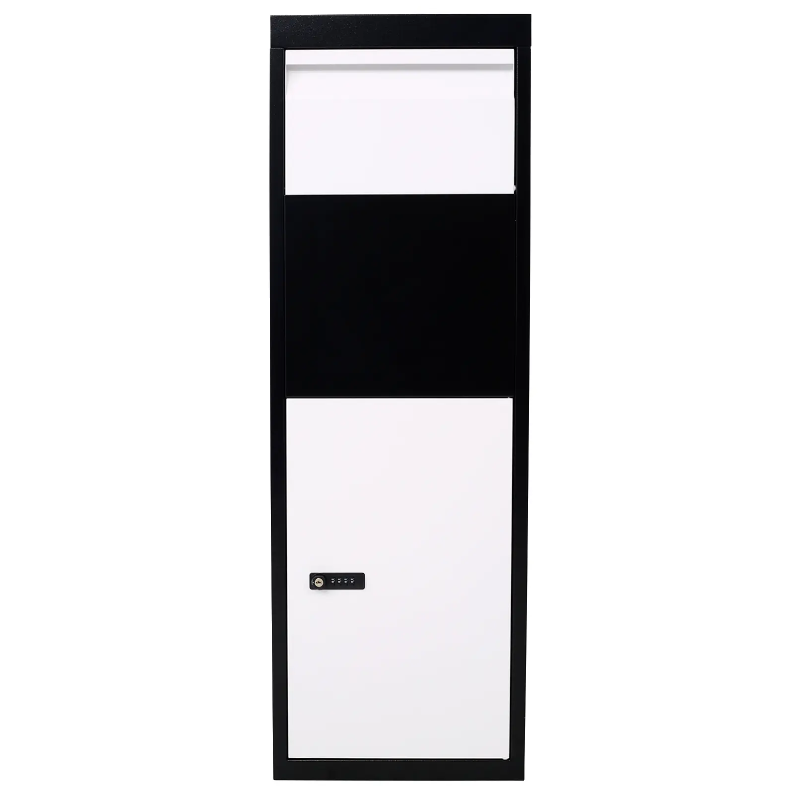 Galvanized Steel Corrosion & Rust Resistant Package Delivery Box - 14''x11.3''x42'' Black & White Parcel Mailbox with Code Lock, Flap Door, Weatherproof Paint, Mounting Hardware, Installation for Wall, Outdoor Porch