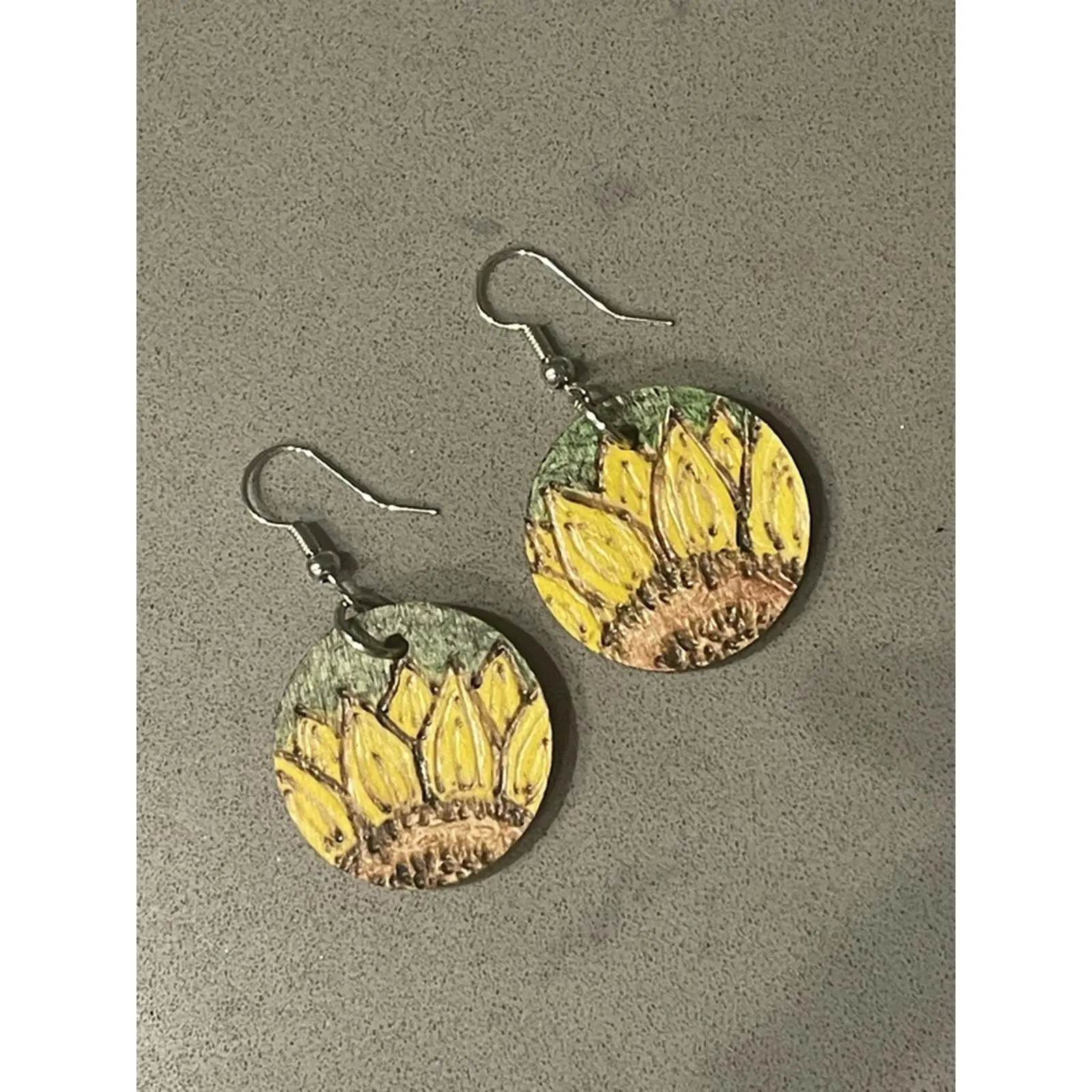Handmade Wood-Burned Sunflower Earrings - Unique Handcrafted Jewelry with Vibrant Floral Design