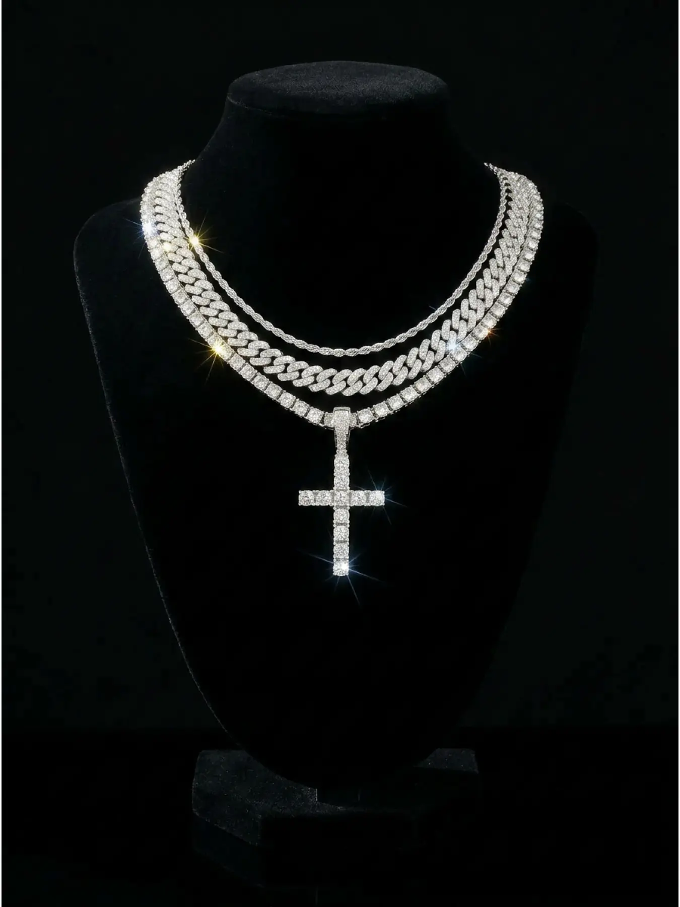 3pcs/set Iced Out Cross Pendant Necklace for Men, Layered Cuban Link & Tennis Chain, Hip Hop Fashion Jewelry, Statement Necklace, Chunky Necklace