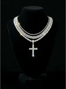 3pcs/set Iced Out Cross Pendant Necklace for Men, Layered Cuban Link & Tennis Chain, Hip Hop Fashion Jewelry, Statement Necklace, Chunky Necklace