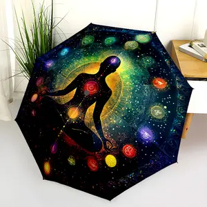 1 PC Automatic Folding Umbrella - Chakra Meditation Universe Artwork Pattern, Portable & Foldable Design with 8 Ribs, Merry Christmas Pattern,Casual Outdoor Accessory Halloween and Christmas Birthday Gifts. C00104
