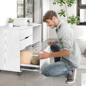 Mobile Wood File Cabinet with Open Storage & 3 Drawers – Printer Stand for Office or Home Use (White/Black/Rust Brown)