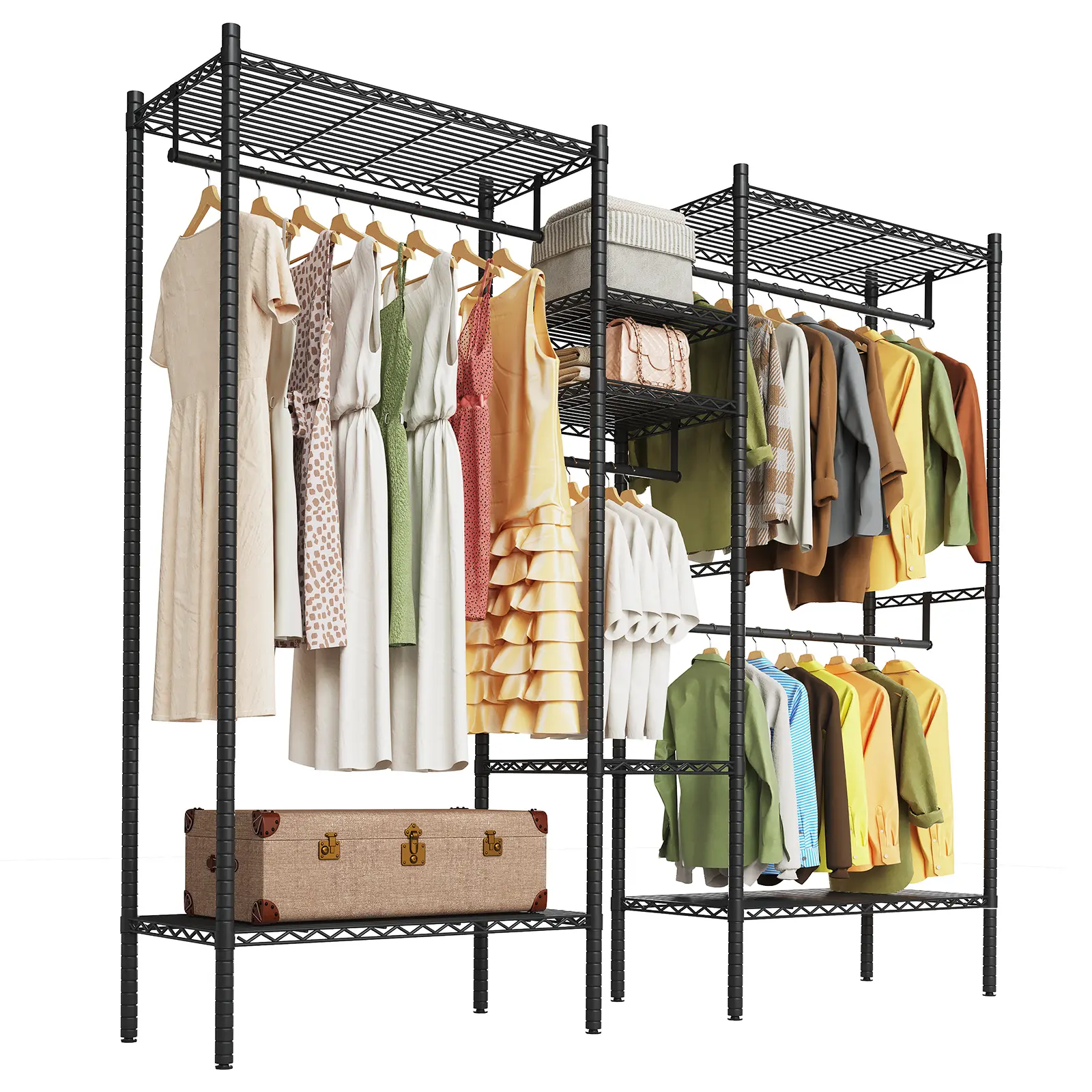 GARVEE Heavy Duty Metal Garment Organizer Rack – Freestanding Storage Shelf with Adjustable Shelves & Hanging Rods, 1000 lbs Capacity – Perfect for Closet, Wardrobe, Dorm – Portable Steel Clothing Rack, Black – Maximize Your Closet Space!