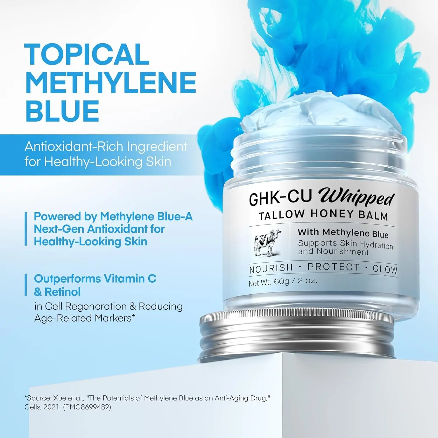 Copper Peptides GHK-Cu Beef Tallow for Skin: Blue Balm with Methylene Blue,  Manuka Honey & Vitamin E – Natural Face and Body Moisturizer for Mature,  Dry & Sensitive Skin – 2oz -