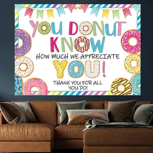 2D Flat Banner Polyester Photography Backdrop, HD Digitally Printed Colorful Donut Appreciation Theme Background Cloth, Soft Lightweight Foldable Photo Booth Decor for Thank You Parties, Teacher Appreciation Events, and Office Gat