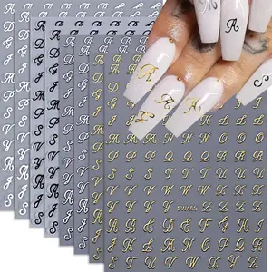 Letter  Stickers, 8 Sheets Old English Letter   3D Self-Adhesive   Black White Retro English  Old Alphabet Cursive Design Manicure  Accessories for Women Girls