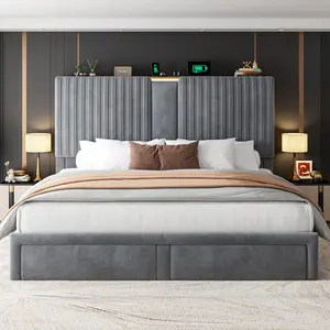 【High Headboard 2 Drawers】King/Queen Size Bed Frame with 2 Under bed Drawers, 51.3“ Velvet High headboard Silent Bed Frame With 3 USB Ports Charging Station ,NO MATTRESS,No Noise, Heavy Duty&Easy Assembly,Modern & Quiet Luxury, 1000 Lbs Capacity,Beige