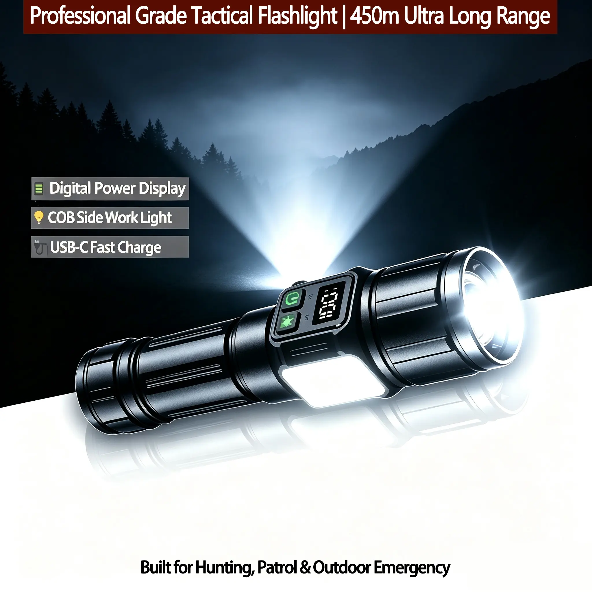 ikseso Handheld LED Flashlight - 450m Long-Range Super Bright High Performance Light, USB-C Port Rechargeable Torch, Digital Power Display, COB Side Light, 9 Modes, Zoomable Waterproof for Hunting, Everyday Carry, Super Bright Light