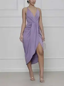 Elegant Backless Draped Dress, V-Neck Sexy Summer Women's Dress, Sleeveless Backless Spring Summer Fashion A-Line Dress