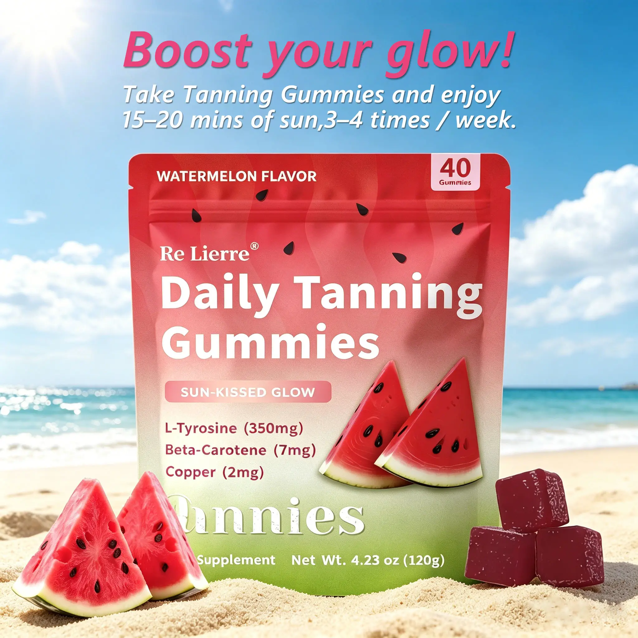 RE LIERRE Natural Vitamin Dietary Tanning Supplement Gummies - 40 Pieces, Women's Chewable Skin Care, VC+VE Antioxidants, Long-Lasting Color Lock, Skin Barrier Support, Health & Beauty Boost, Lycopene, Jiabei Health Technology Co., Ltd