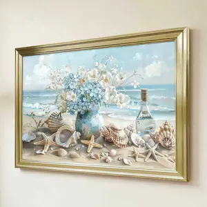 1pc Framed Gold Frame Coastal Still Life Art Print With Seashells Starfish And Flowers In A Blue Vase Canvas Art Print For Living Room Bedroom And Bathroom Decor + Elegant Beach Theme Design