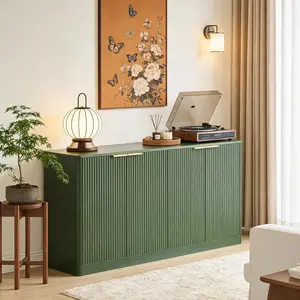 Modern Buffet Cabinet Sideboard with 4 Doors, 59" Large Wavy Buffet Cabinet with Storage, Long Wooden Storage Console Table TV Stand for Kitchen, Living Room, Entryway, Bedroom, Green