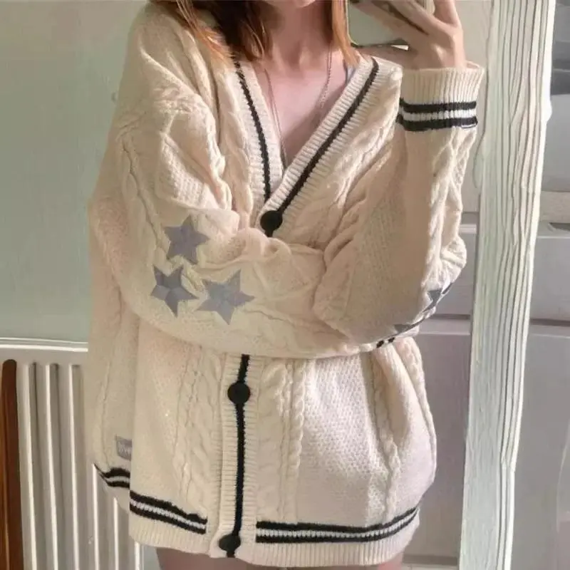 NewKnit Y2K Sweater Embroidery Vintage Beige Women Autumn College Tayloed Oversize Star Cardigan Folklore Knitted Jumpers Coat Top Can be used with a raincoat