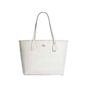 COACH City 33 Classic Monogram Large Tote Bag for Women – Coated Canvas, Gold and Chalk White Accents